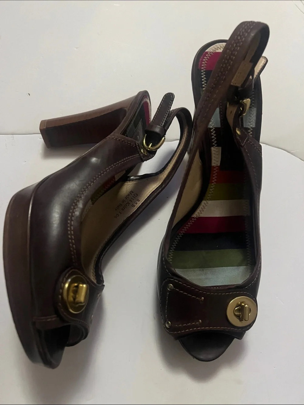 Coach Keira Brown Leather Slingback Heels with Multicolor Striped Insole 8 1/2B